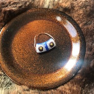 Handmade white and blue African glass beaded ring